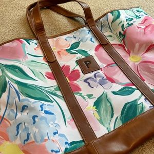 Floral Canvas Travel Tote with Brown Trim - Pink & Green